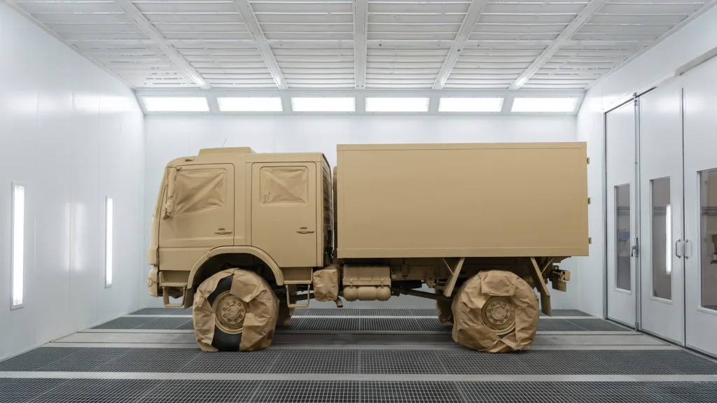 Sand-coloured off-road truck with masked windows inside a heavy-vehicle paint booth