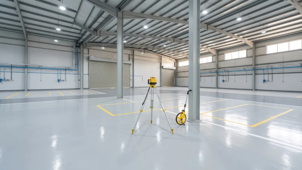 Empty workshop hall with yellow floor markings for equipment positions and a laser level on a tripod