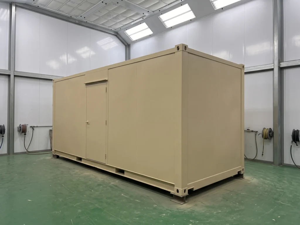 Sand-coloured equipment container on supports inside an industrial paint booth