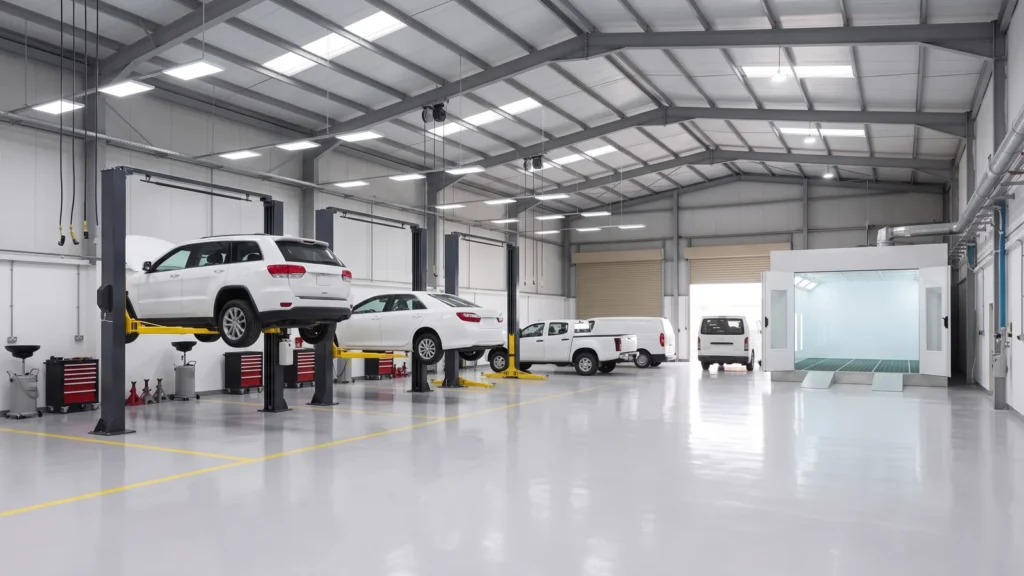 Equipped workshop hall: cars on two-post lifts and a paint booth at the far end
