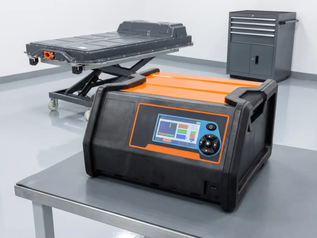 Midtronics xMB-9640 high-voltage module balancer on a workbench in an EV battery service area