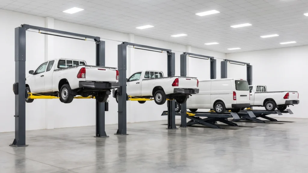 Fleet maintenance workshop: white pickups and a van on two-post and scissor lifts