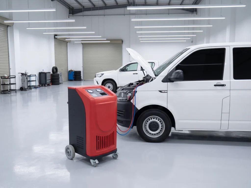 Red A/C service station connected to a van with an open bonnet, a pickup behind it, in a fleet workshop
