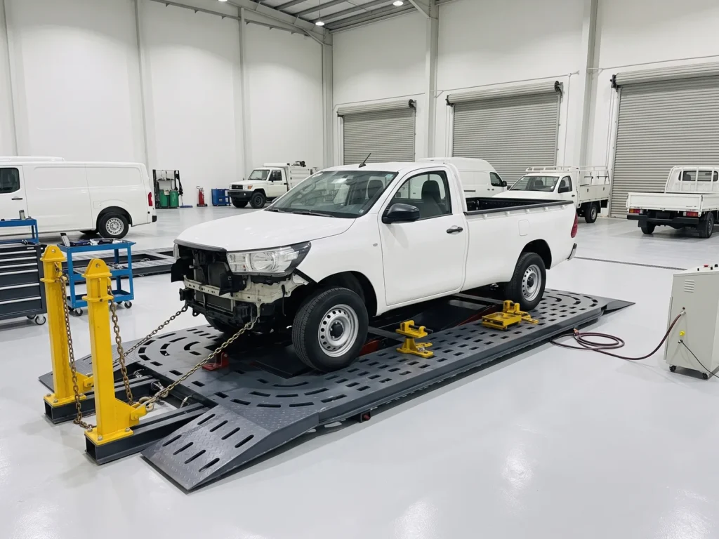 A pickup with its front bumper removed on a chassis puller, towers chained to its front, in a fleet workshop