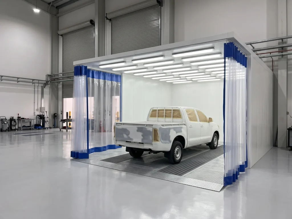 A pickup with a sanded load bed inside a curtained prep station in a fleet workshop