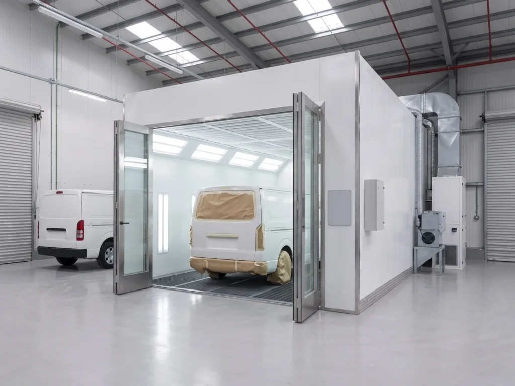 A masked van inside a paint booth with open doors and another van waiting outside in a fleet workshop
