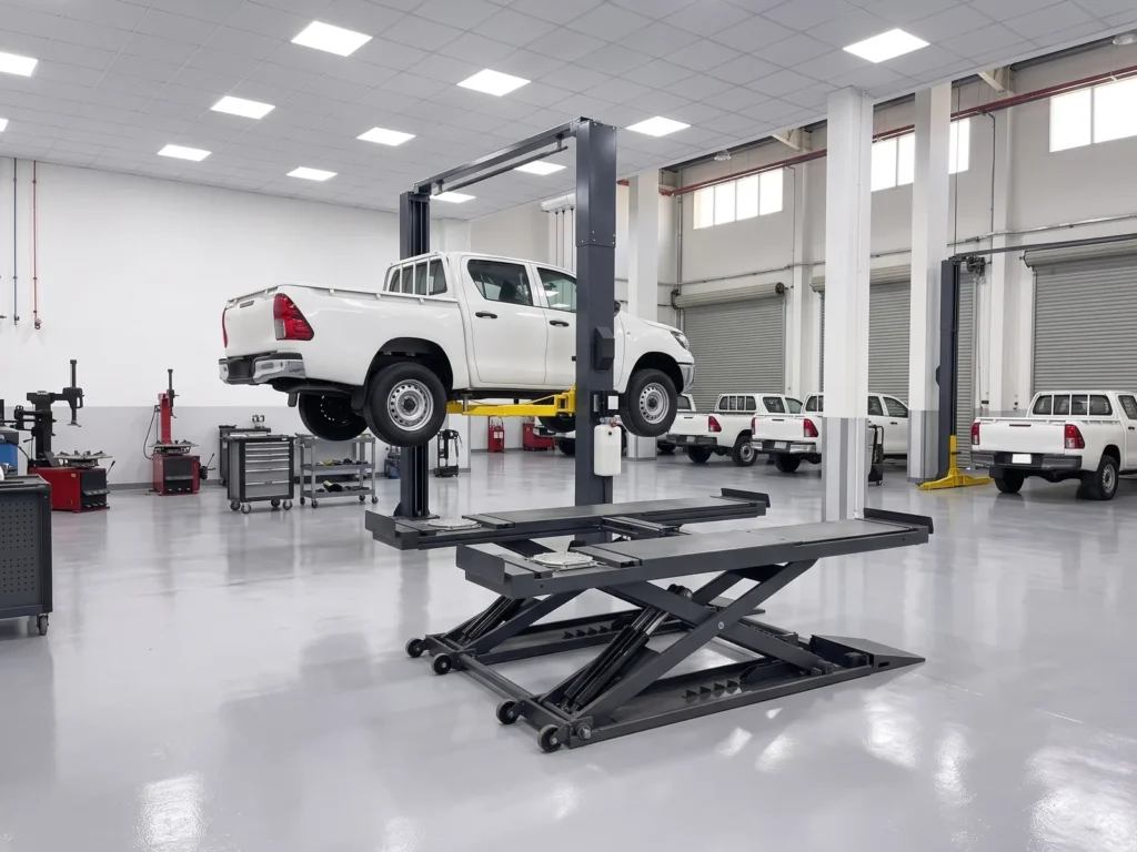 A pickup on a two-post lift with a movable scissor lift in front of it in a fleet workshop