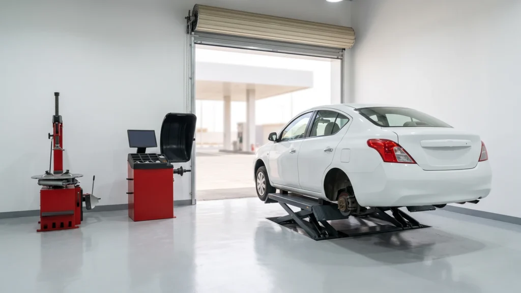 Quick-service bay at a fuel station: a tire changer, a wheel balancer and a car on a scissor lift