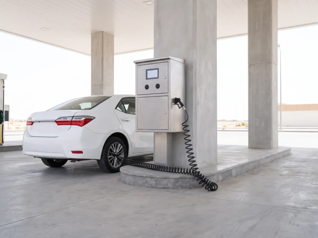 Self-service tire inflator at the air point of a fuel station with its hose on a car's tire