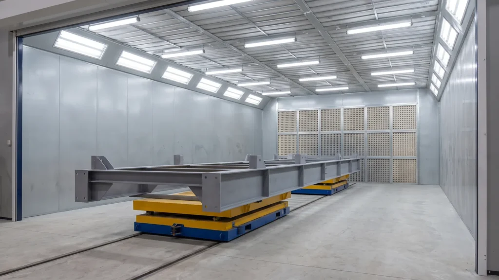 Primed steel structure on a transfer cart inside an industrial coating booth