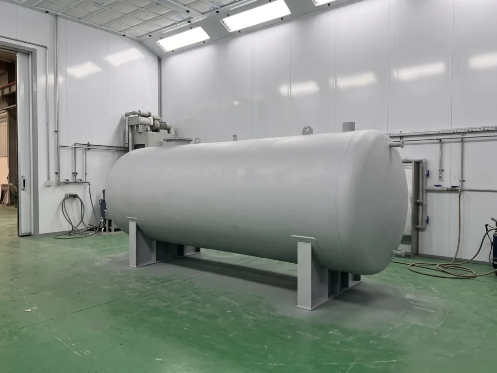 Cylindrical steel tank in primer on supports inside an industrial paint booth