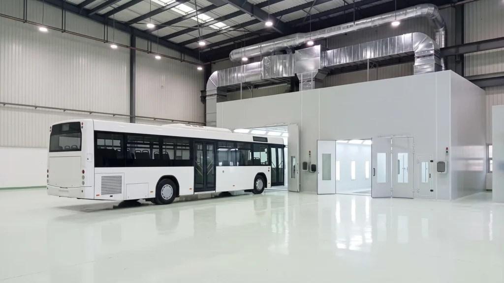 White bus lined up in front of a large-vehicle paint booth in a workshop hall