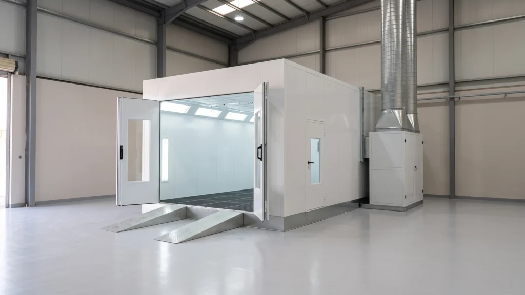 Car paint booth seen from outside with open doors, its air-handling unit and ducting beside it