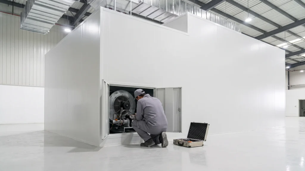Technician checking the fan of a paint booth air unit during planned maintenance