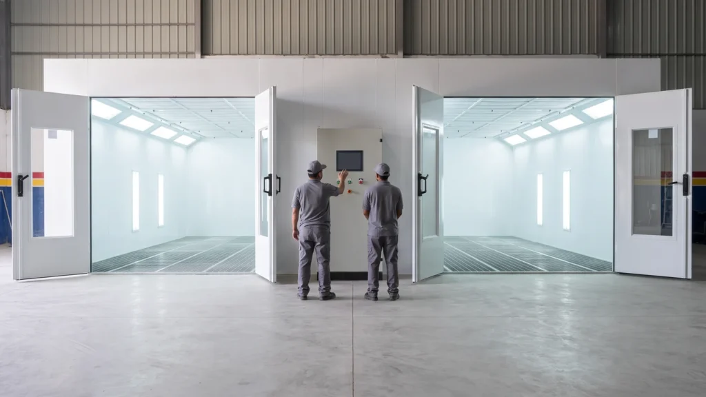 Trainer and operator at the control panel between two paint booths during operator training