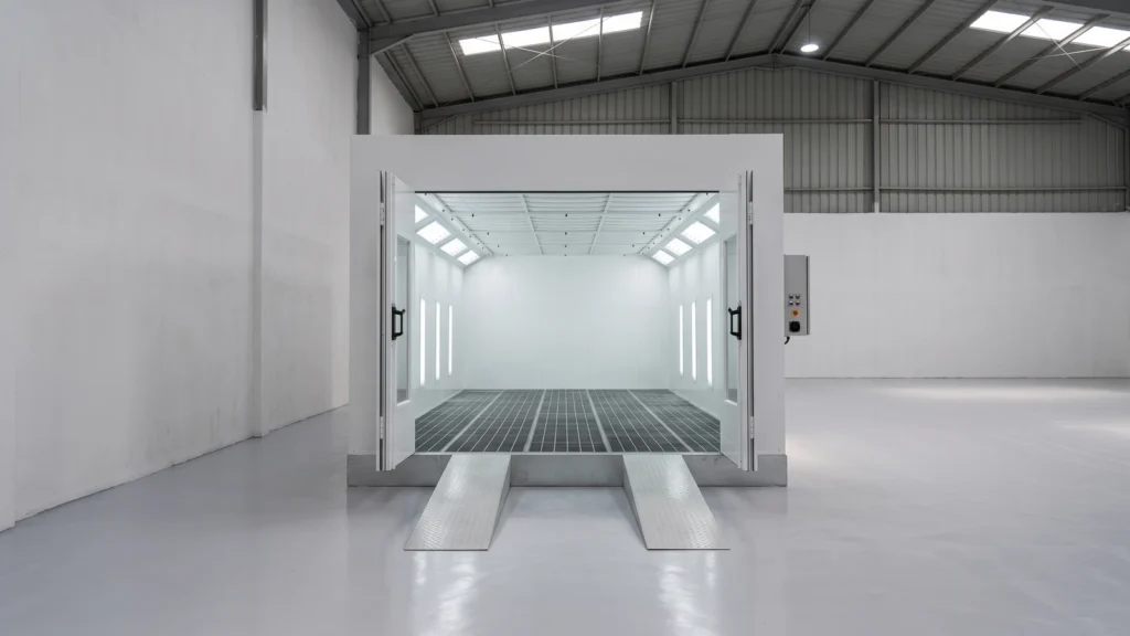 Empty car paint booth with open doors and lights on, seen from the front
