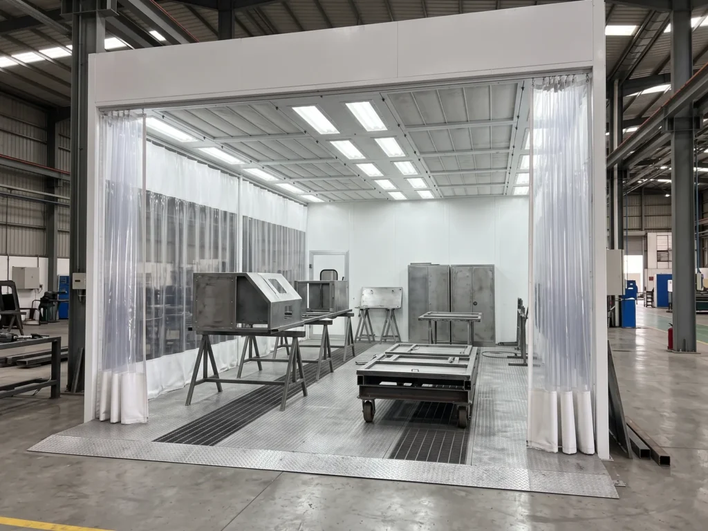 Sheet-steel parts and machine guards on trestles inside a curtained prep station in a factory