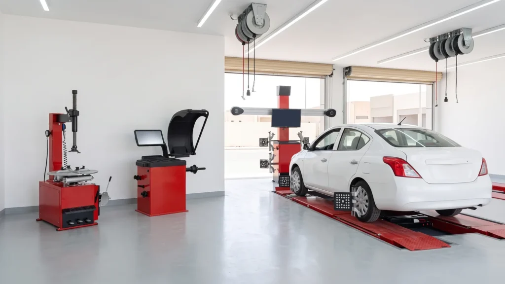 Tire service bay: a tire changer, a wheel balancer and a car on a wheel alignment ramp