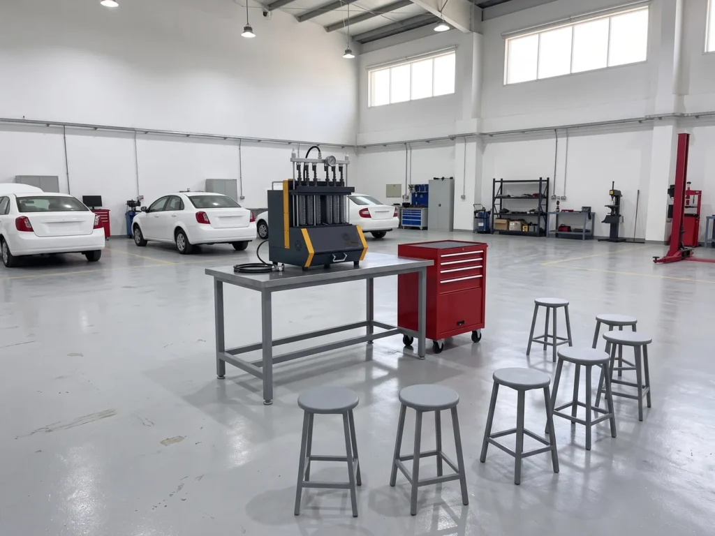 Fuel injector cleaner on a workbench with trainee stools around it in a training workshop