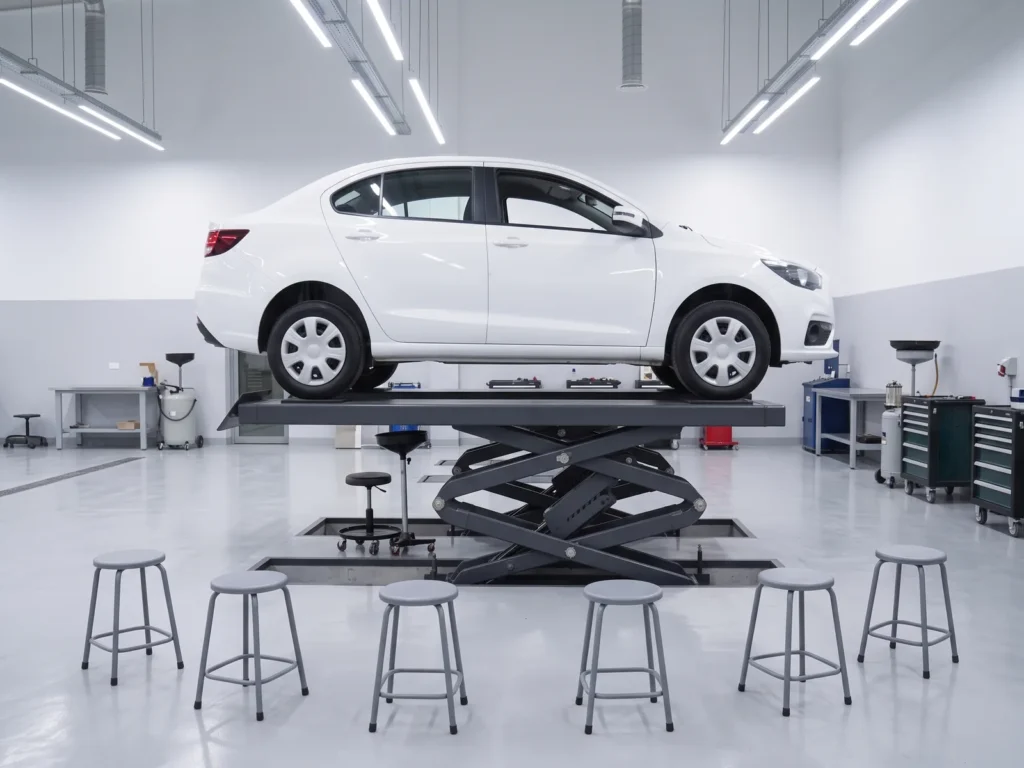 A car at full height on a scissor lift with trainee stools in front of it in a training workshop