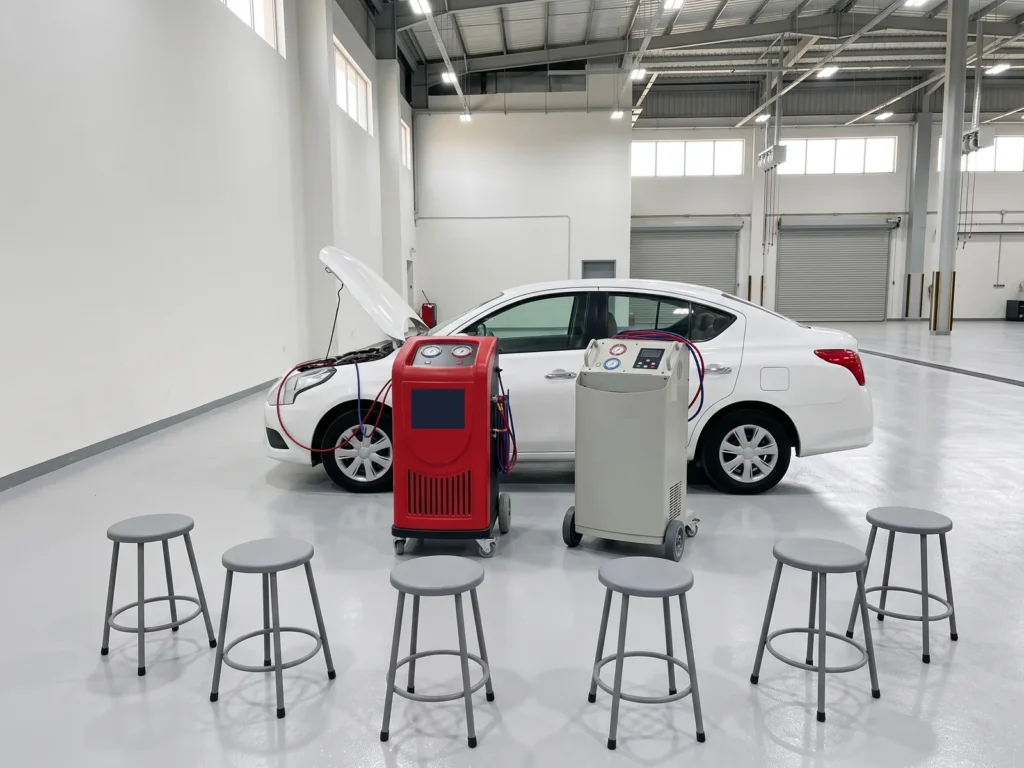 A/C service stations side by side in front of a car with an open bonnet and trainee stools in a training workshop