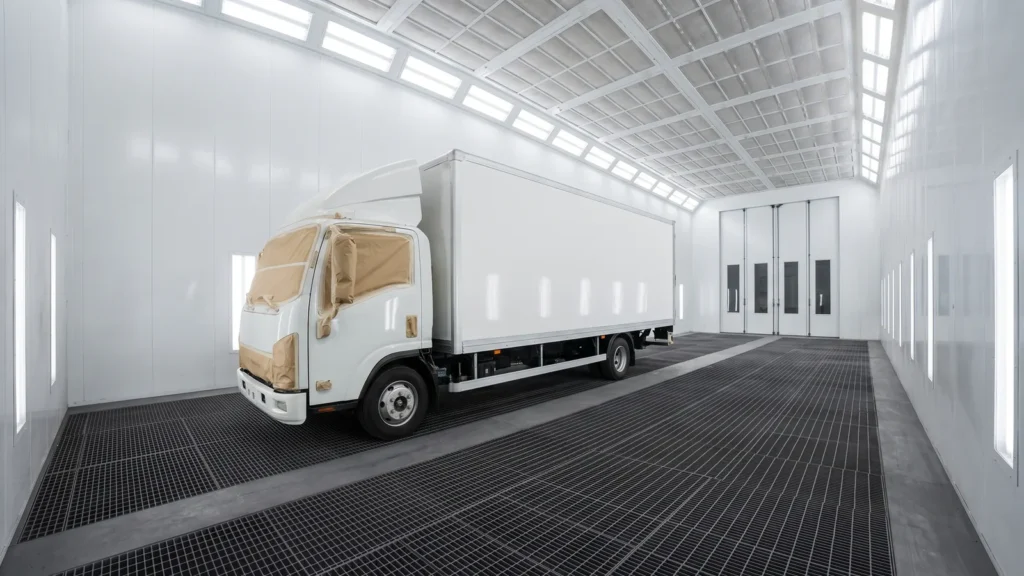 White box truck inside a truck-size paint booth