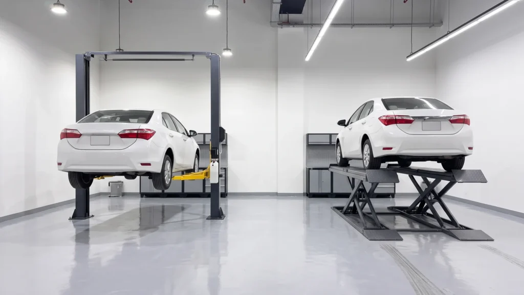 A two-post lift and a scissor lift side by side, each holding a white car