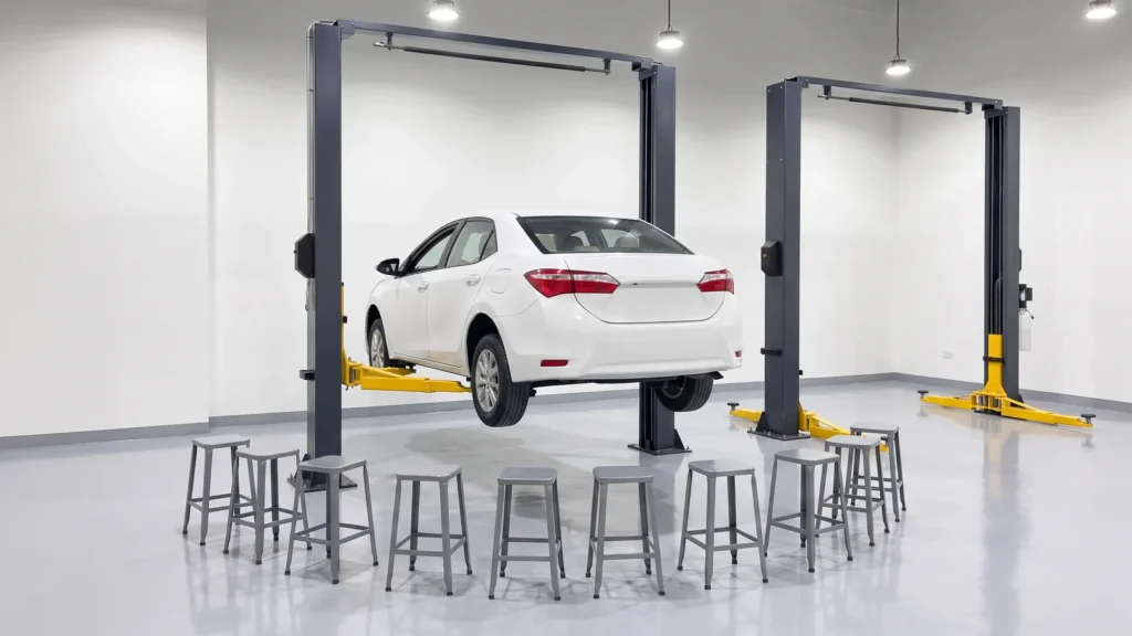 Vocational training workshop: a car on a two-post lift with trainee stools in front of it