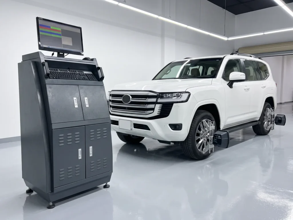 Wheel alignment system with sensor heads on a car's wheels in a workshop