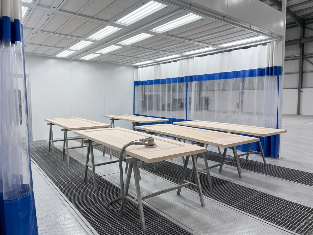 Sanded wooden doors on trestles inside a prep station with side curtains and floor extraction
