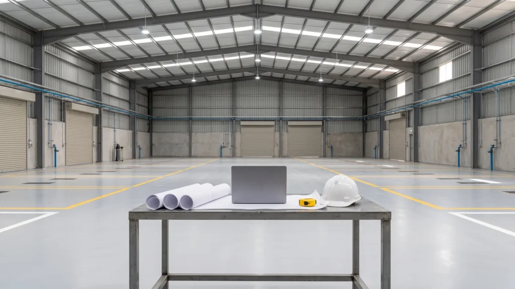 Rolled drawings, a laptop, a tape measure and a hard hat on a table in an empty workshop hall before fit-out